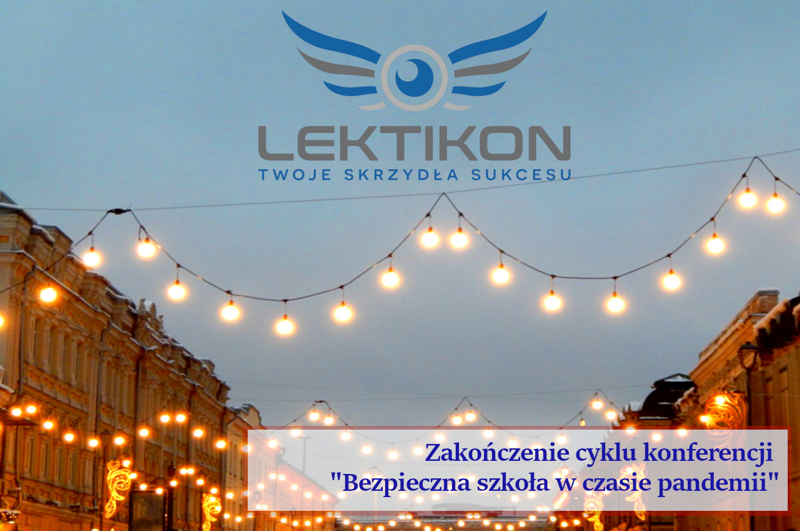 Logo Lektikon oraz lampki na tle miasta
