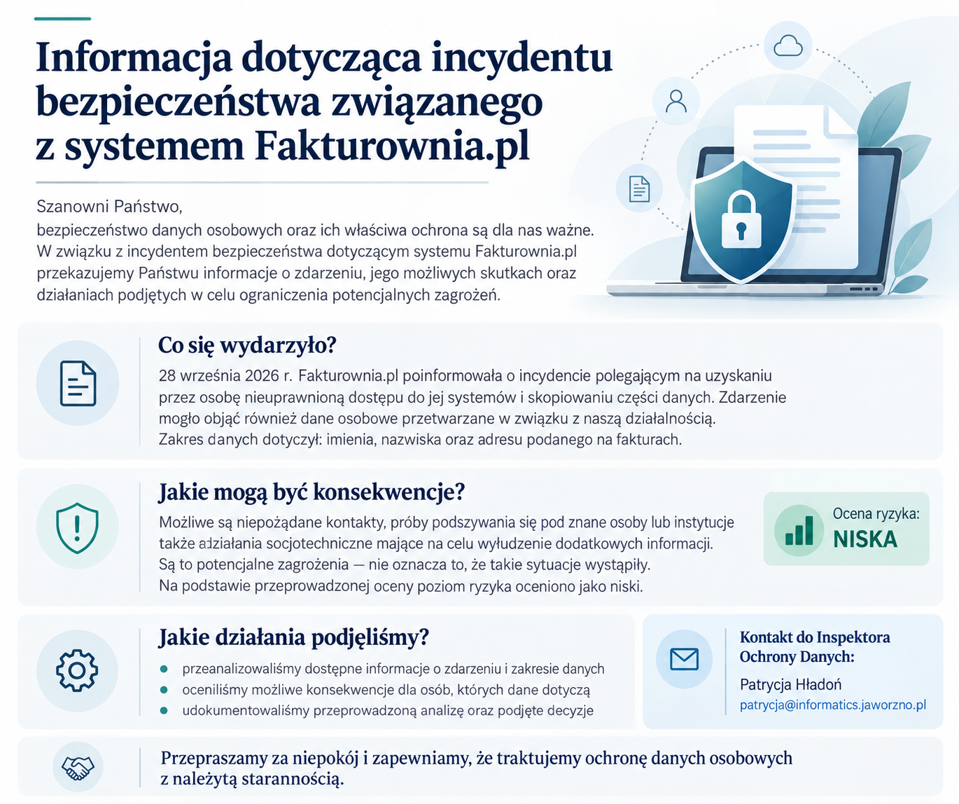 Informacja dotycząca incydentu bezpieczeństwa związanego z systemem Fakturownia.pl
